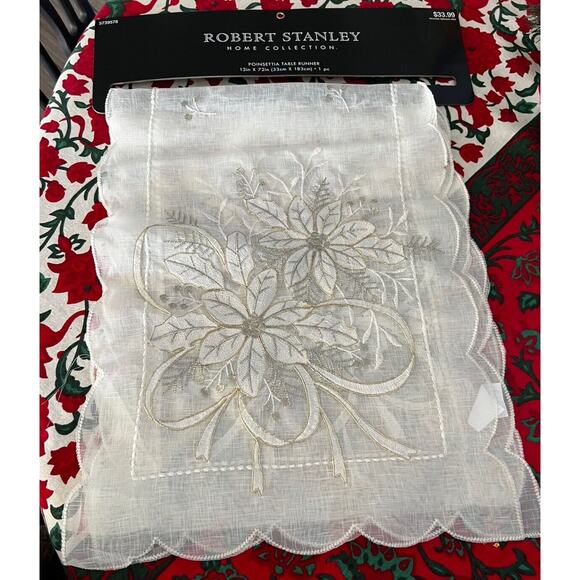 Robert Stanley Poinsettia Table Runner 13 X 72 Christmas Decor Ivory Gold - Picture 1 of 6